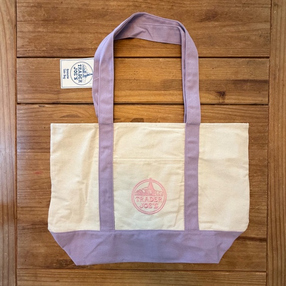 NWT Trader Joe’s LARGE Canvas Reusable Tote Bag - Cream with Lavender Straps - Picture 9 of 9